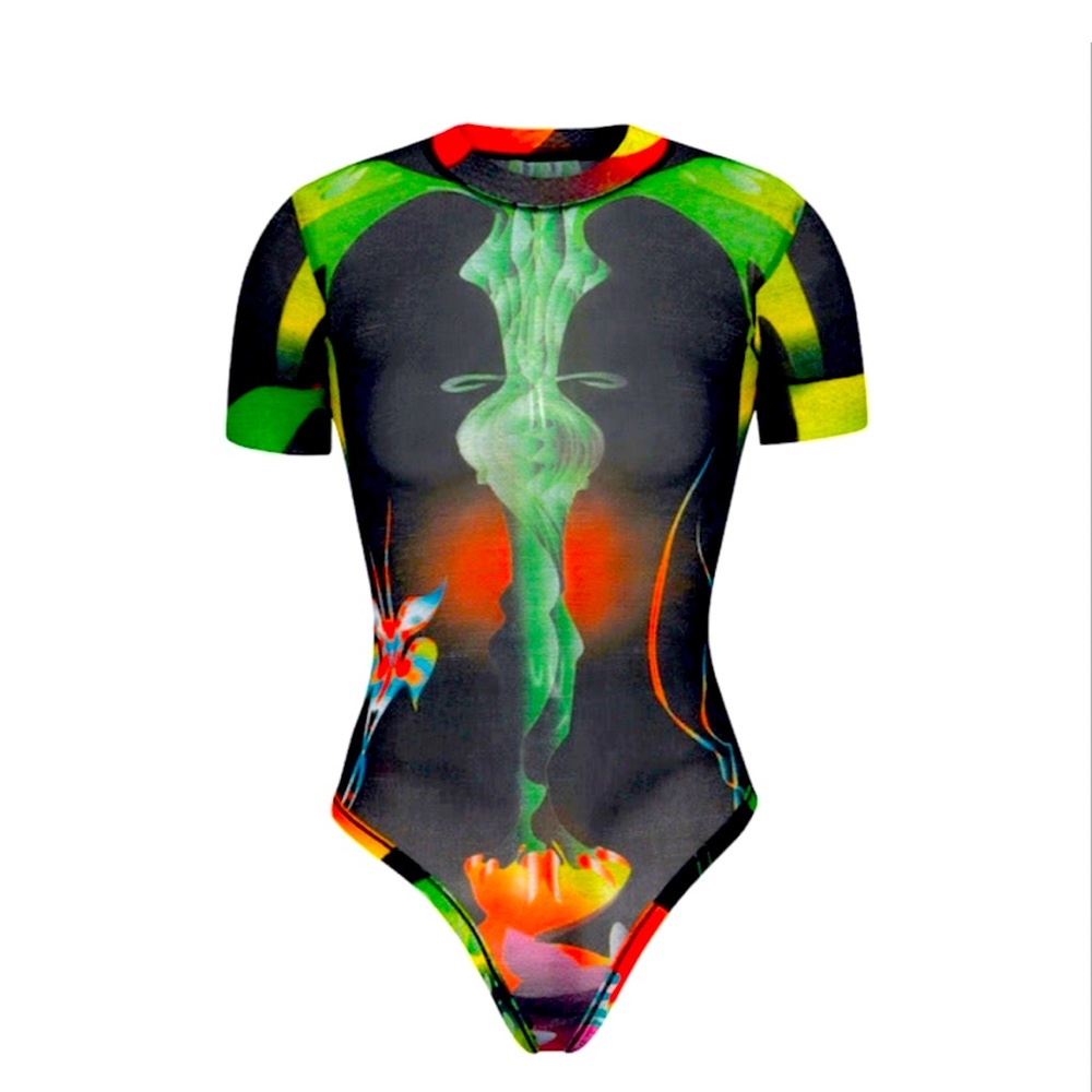 SKIMS SUMMER MESH T-SHIRT BODYSUIT | OBSIDIAN PRINT